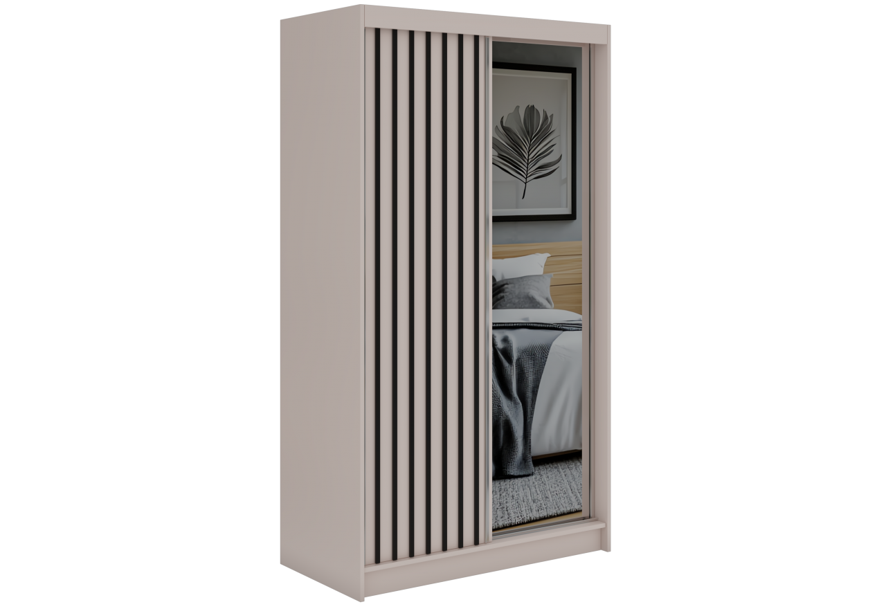 Szafa przesuwna LAOS 120 cm - kaszmir, lamele czarne, lustro + 2 szuflady