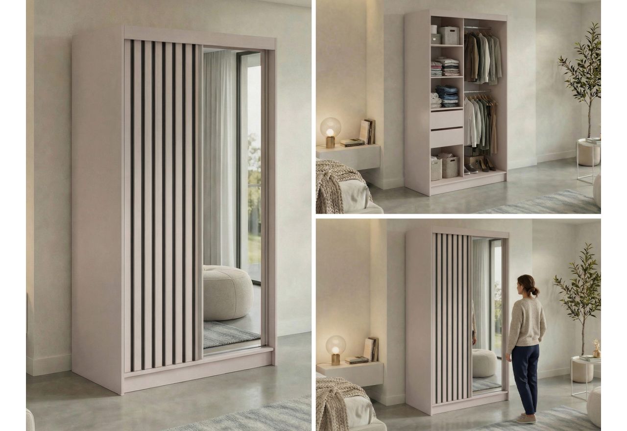 Szafa przesuwna LAOS 120 cm - kaszmir, lamele czarne, lustro + 2 szuflady