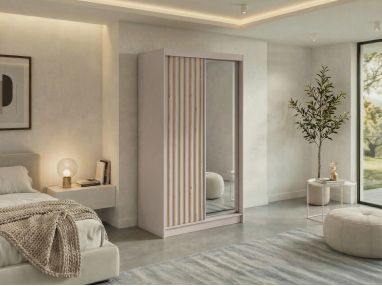 Szafa przesuwna LAOS 120 - kaszmir, lamele dąb aristan, lustro + 2 szuflady