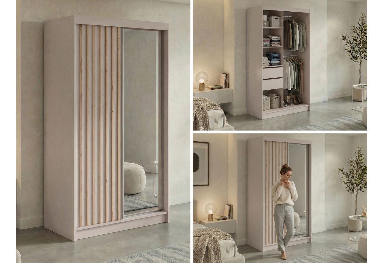 Szafa przesuwna LAOS 120 cm - kaszmir, lamele dąb aristan, lustro + 2 szuflady