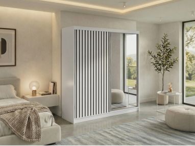 Szafa przesuwna LAOS 200 - biały, lamele czarne, lustro + 4 szuflady