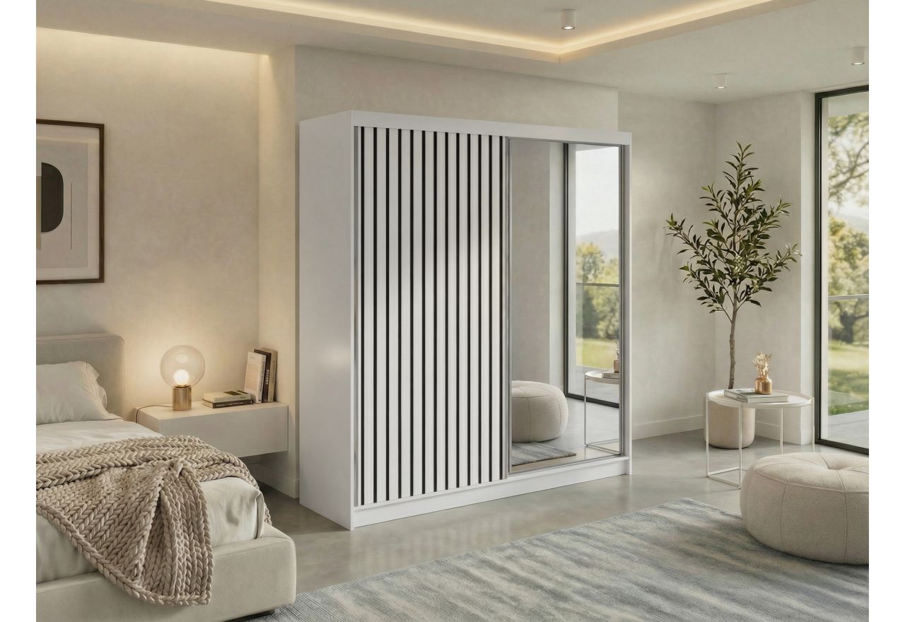 Szafa przesuwna LAOS 200 - biały, lamele czarne, lustro + 4 szuflady