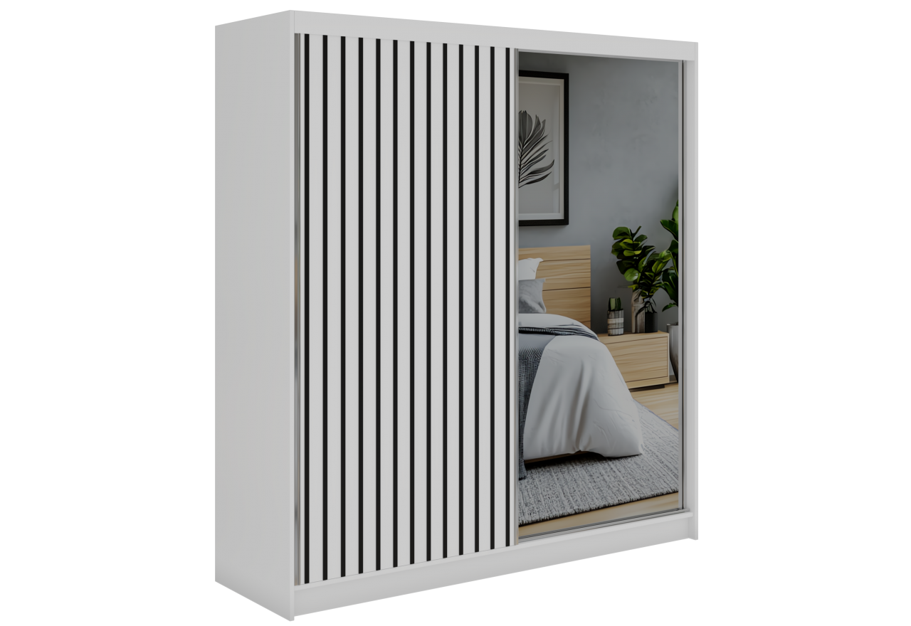 Szafa przesuwna LAOS 200 - biały, lamele czarne, lustro + 4 szuflady