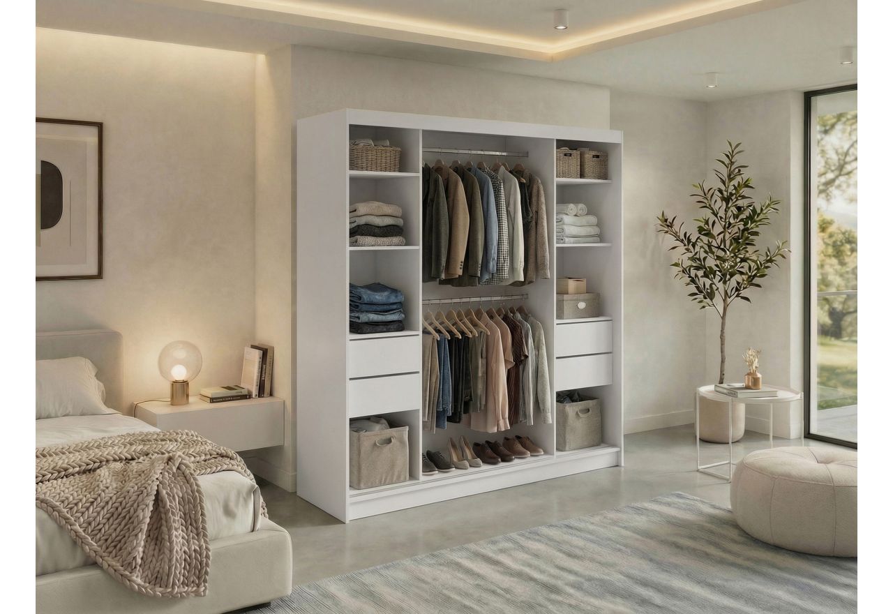 Szafa przesuwna LAOS 200 - biały, lamele czarne, lustro + 4 szuflady