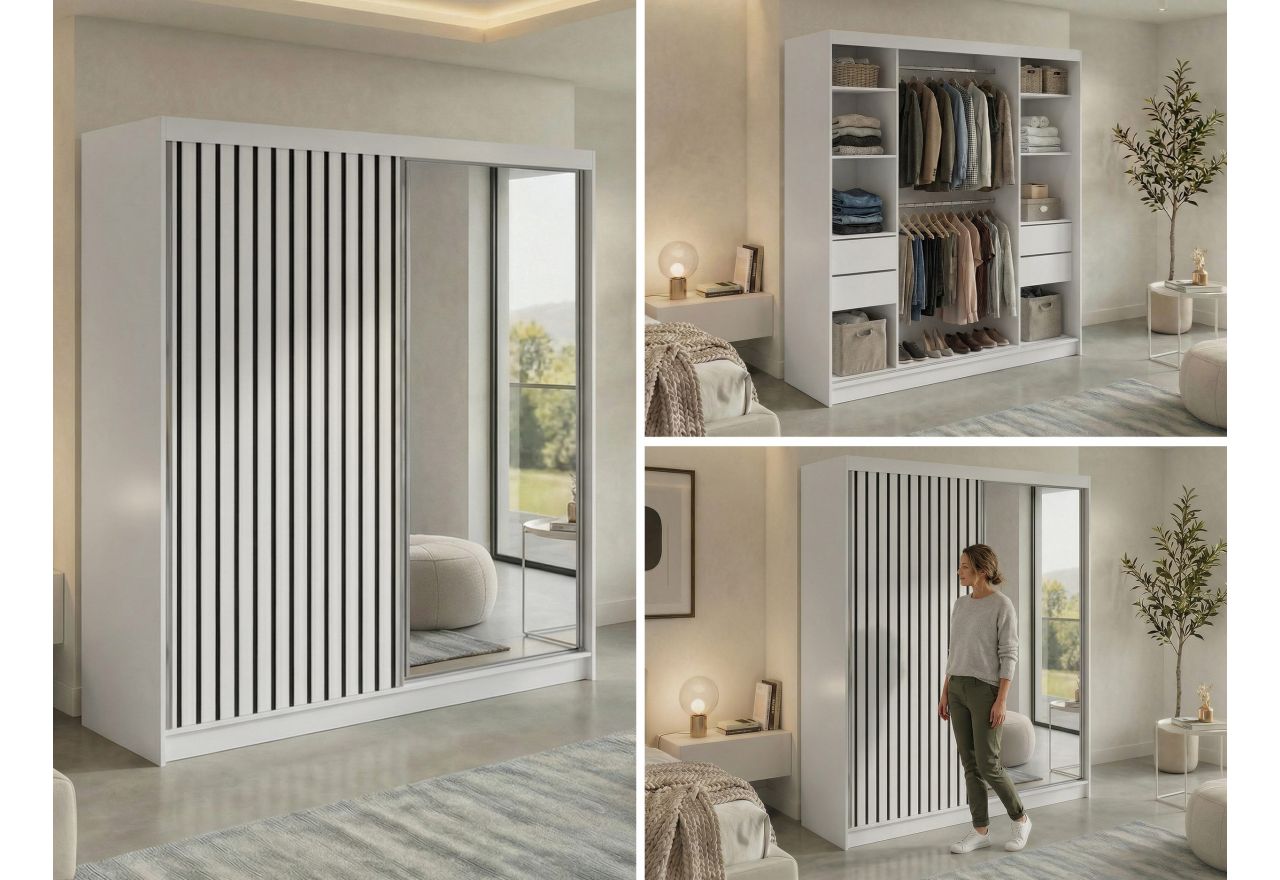 Szafa przesuwna LAOS 200 - biały, lamele czarne, lustro + 4 szuflady