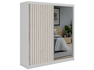 Szafa przesuwna LAOS 200 - biały, lamele dąb aristan, lustro + 4 szuflady