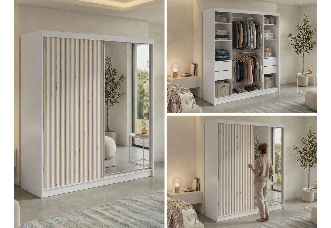 Szafa przesuwna LAOS 200 - biały, lamele dąb aristan, lustro + 4 szuflady