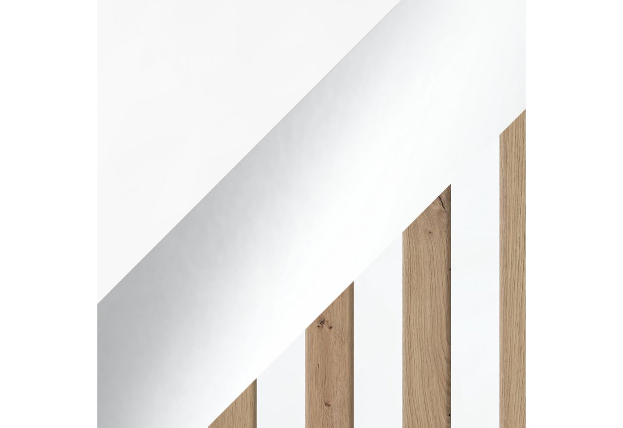 Szafa przesuwna LAOS 200 - biały, lamele dąb aristan, lustro + 4 szuflady