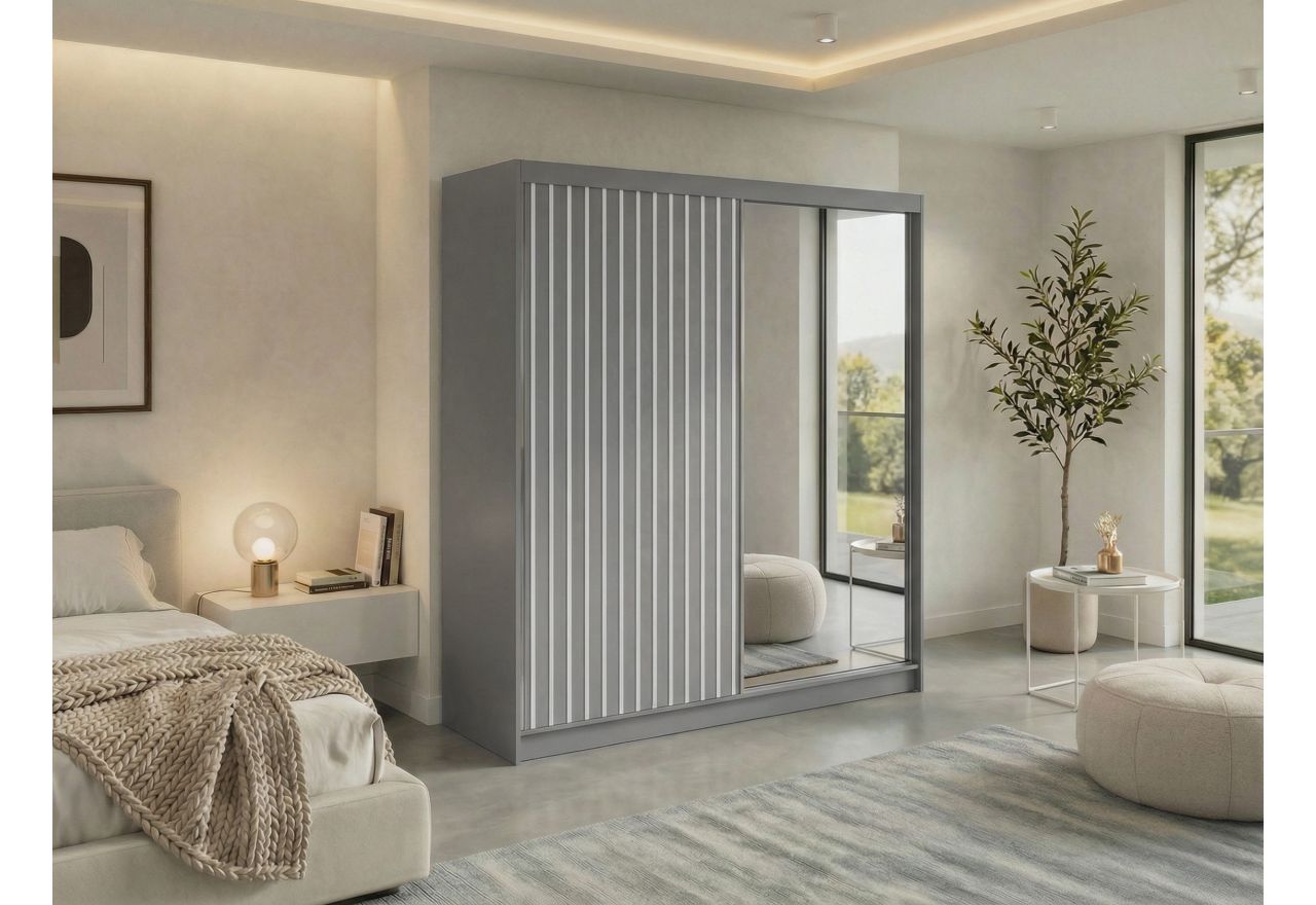 Szafa przesuwna LAOS 200 - szary, lamele białe, lustro + 4 szuflady