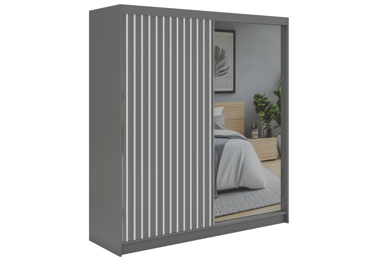 Szafa przesuwna LAOS 200 - szary, lamele białe, lustro + 4 szuflady