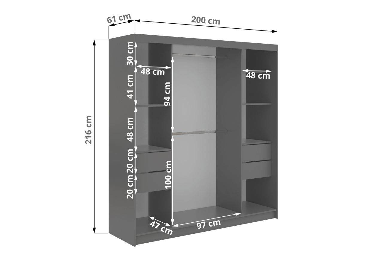 Szafa przesuwna LAOS 200 - szary, lamele białe, lustro + 4 szuflady