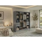 Szafa przesuwna LAOS 200 - szary, lamele białe, lustro + 4 szuflady