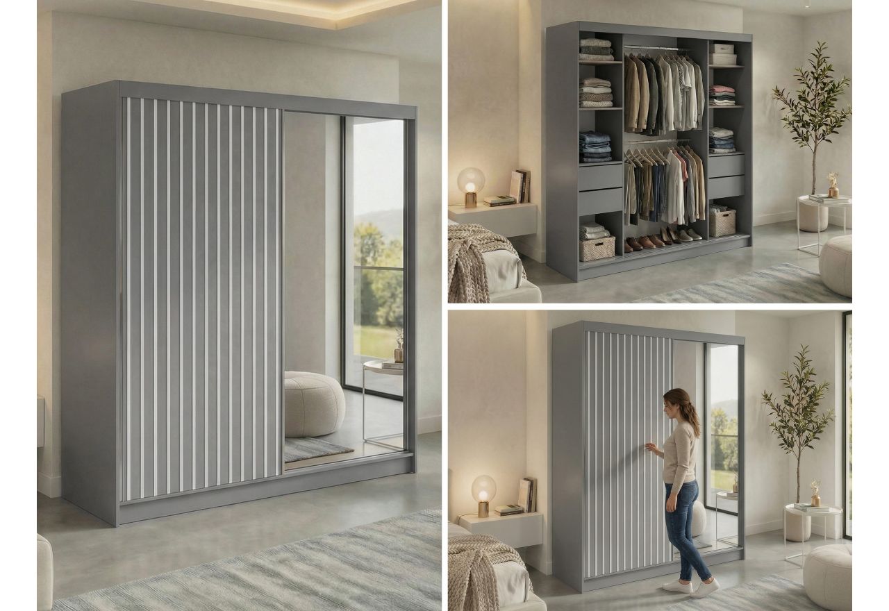 Szafa przesuwna LAOS 200 - szary, lamele białe, lustro + 4 szuflady