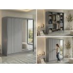 Szafa przesuwna LAOS 200 - szary, lamele białe, lustro + 4 szuflady