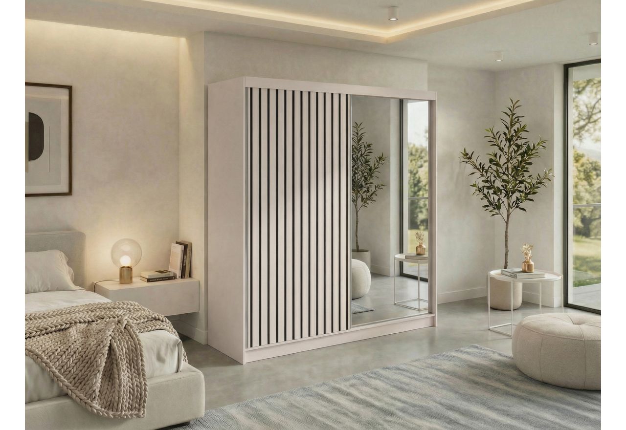 Szafa przesuwna LAOS 200 - kaszmir, lamele czarne, lustro + 4 szuflady