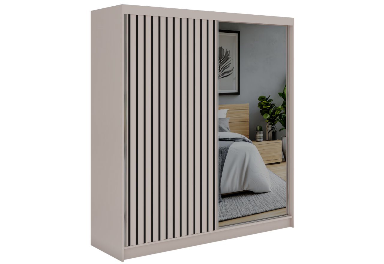 Szafa przesuwna LAOS 200 - kaszmir, lamele czarne, lustro + 4 szuflady