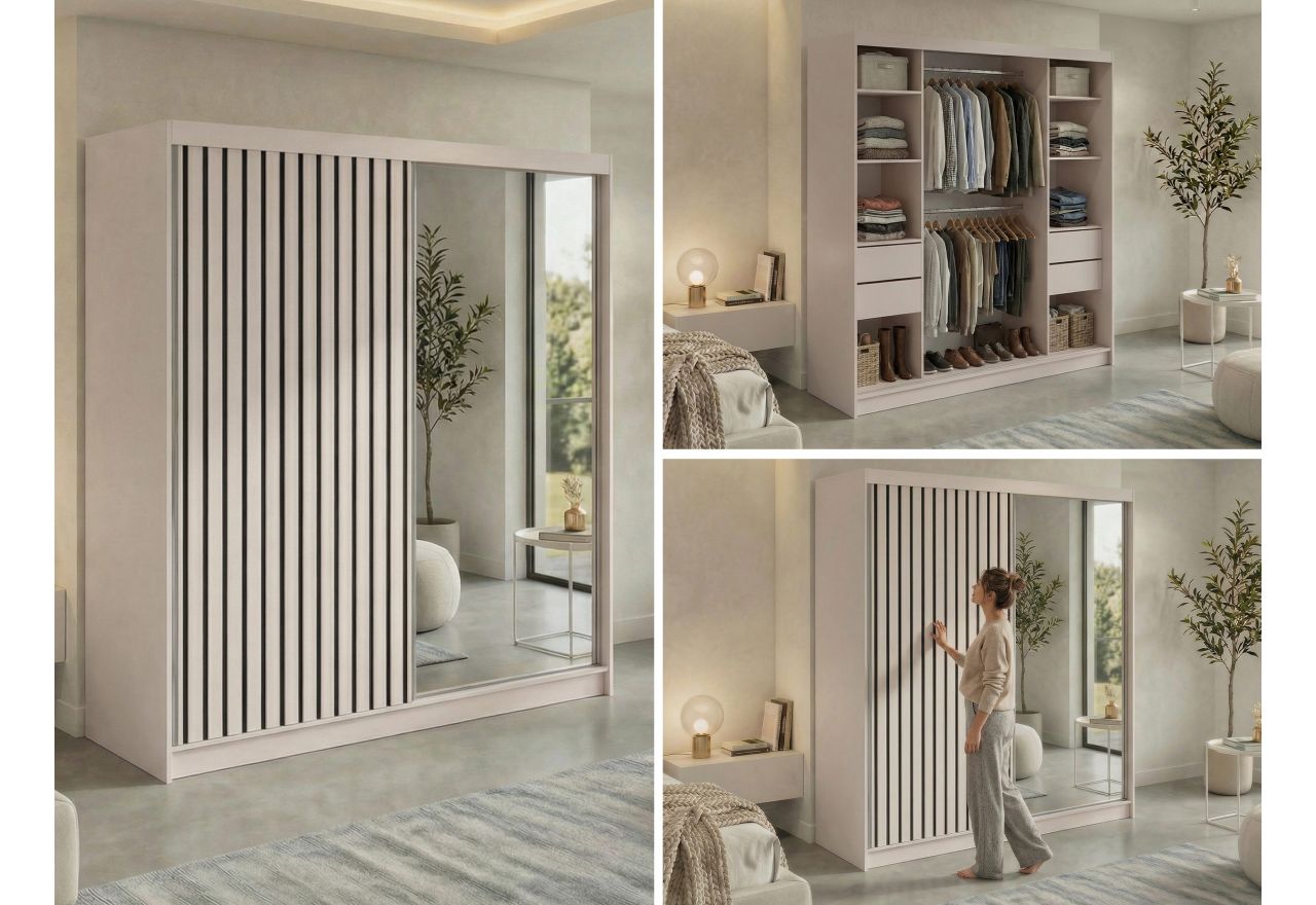 Szafa przesuwna LAOS 200 - kaszmir, lamele czarne, lustro + 4 szuflady