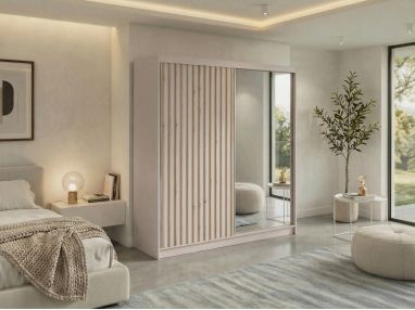 Szafa przesuwna LAOS 200 - kaszmir, lamele dąb aristan, lustro + 4 szuflady