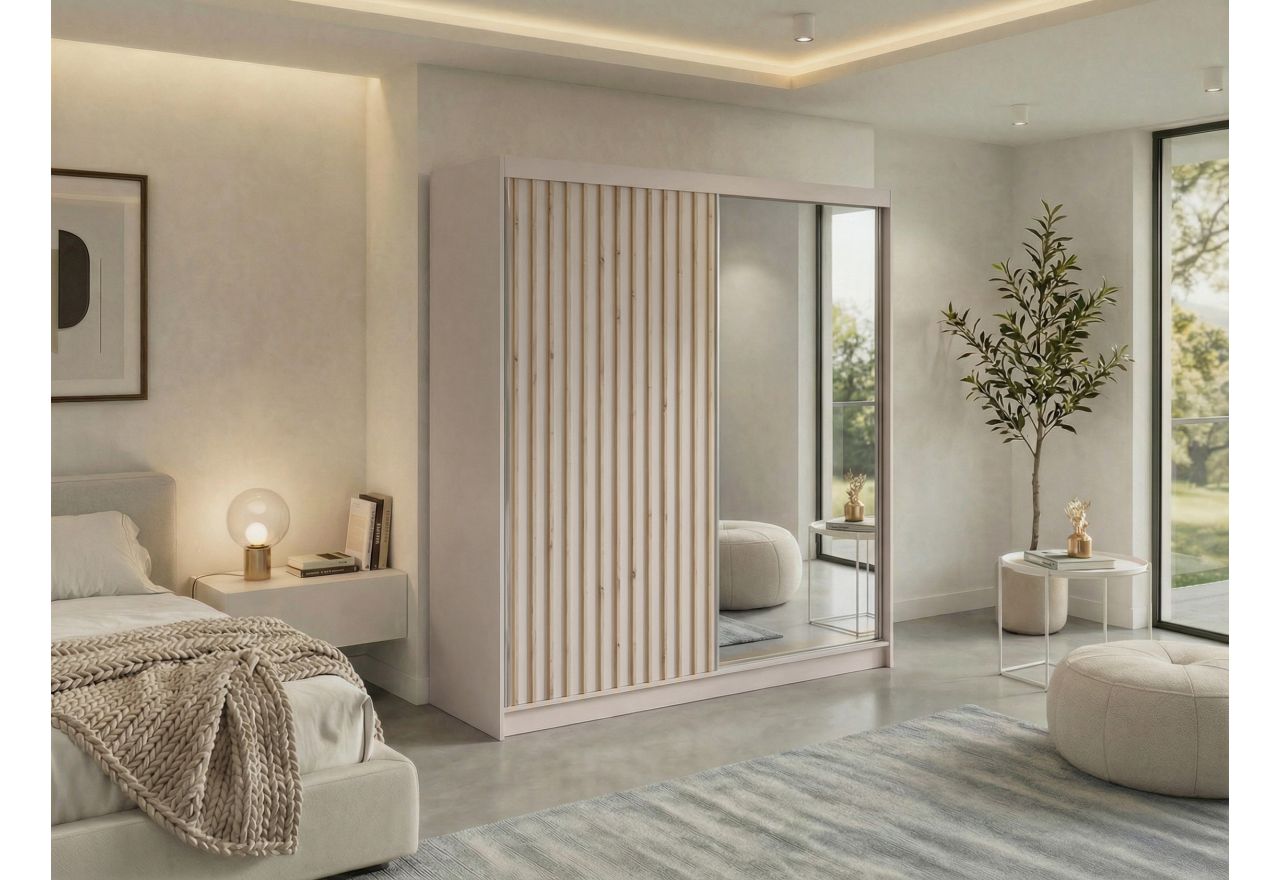 Szafa przesuwna LAOS 200 - kaszmir, lamele dąb aristan, lustro + 4 szuflady