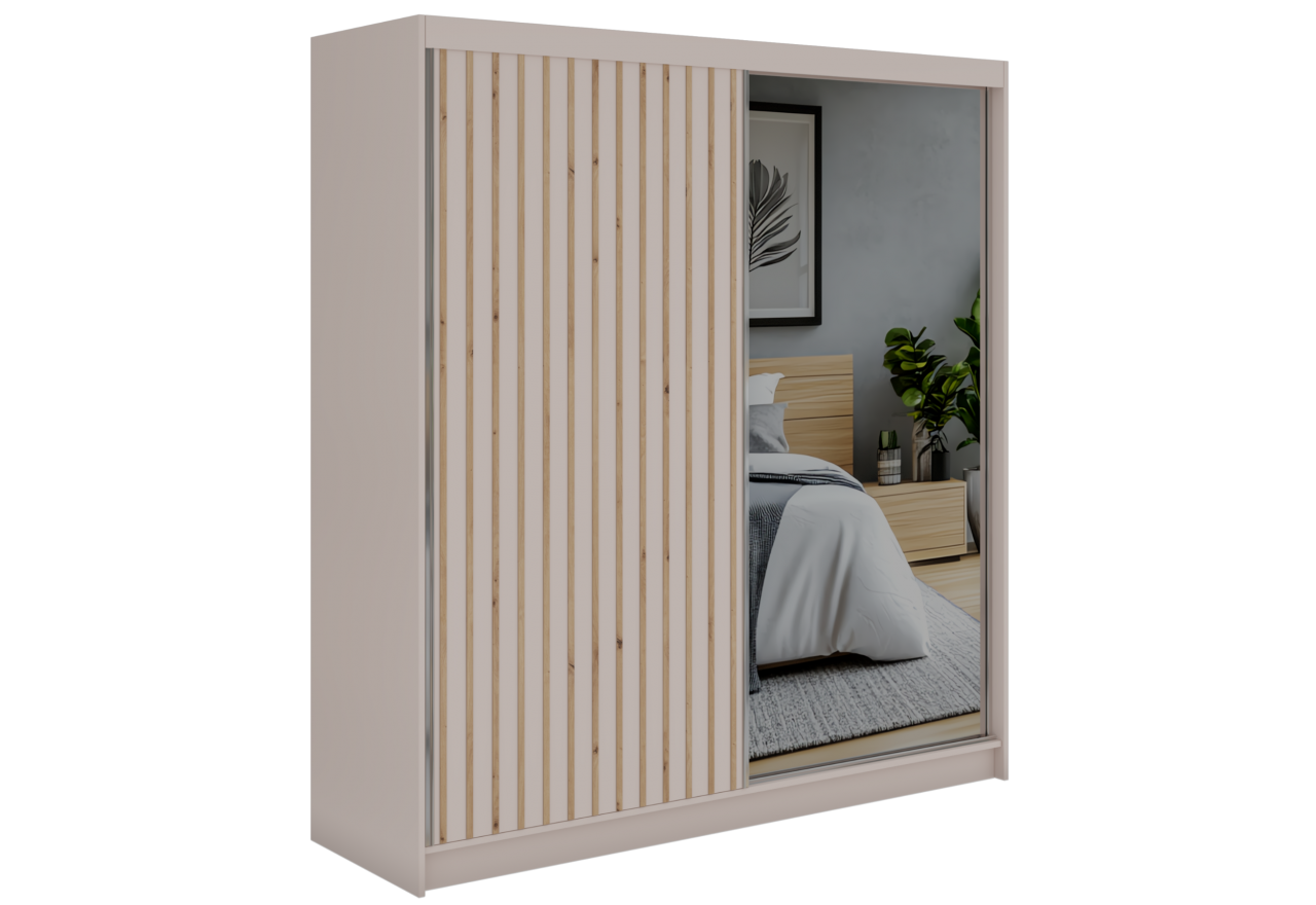 Szafa przesuwna LAOS 200 - kaszmir, lamele dąb aristan, lustro + 4 szuflady