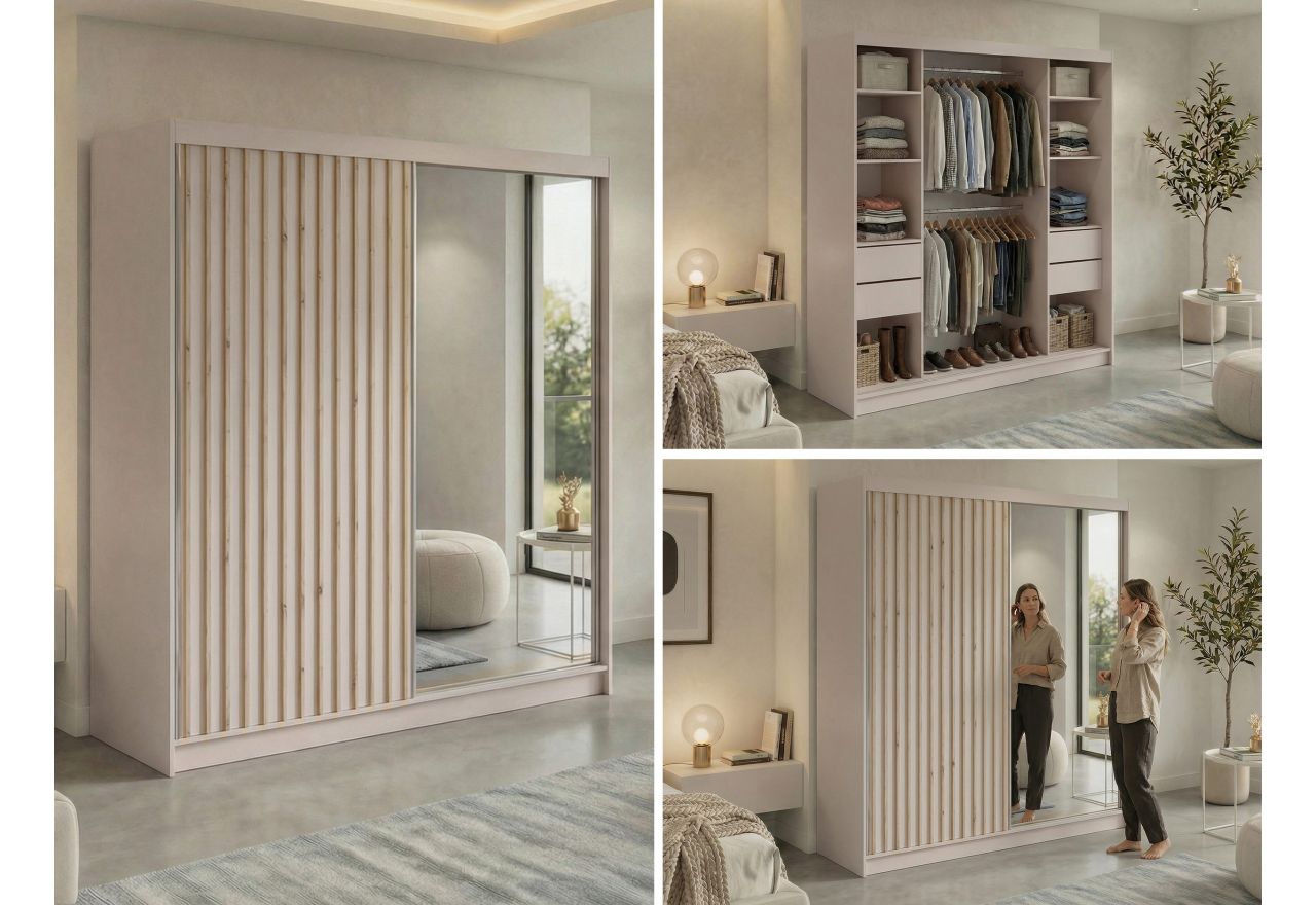 Szafa przesuwna LAOS 200 - kaszmir, lamele dąb aristan, lustro + 4 szuflady