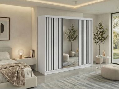 Szafa przesuwna LAOS 240 - biały, lamele czarne, lustro + 4 szuflady