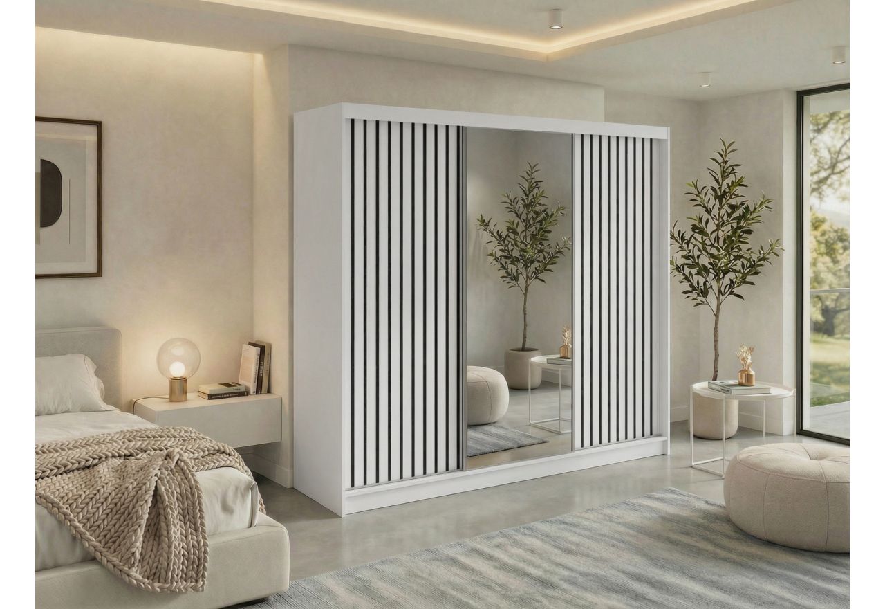 Szafa przesuwna LAOS 240 cm - biały, lamele czarne, lustro + 4 szuflady