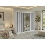 Szafa przesuwna LAOS 240 cm - biały, lamele czarne, lustro + 4 szuflady