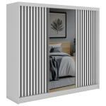 Szafa przesuwna LAOS 240 cm - biały, lamele czarne, lustro + 4 szuflady