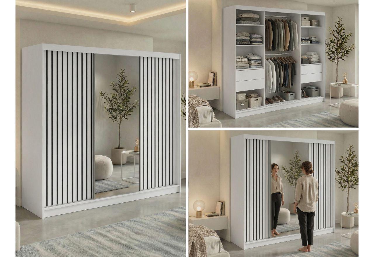 Szafa przesuwna LAOS 240 cm - biały, lamele czarne, lustro + 4 szuflady