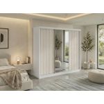 Szafa przesuwna LAOS 240 cm - biały, lamele dąb aristan, lustro + 4 szuflady