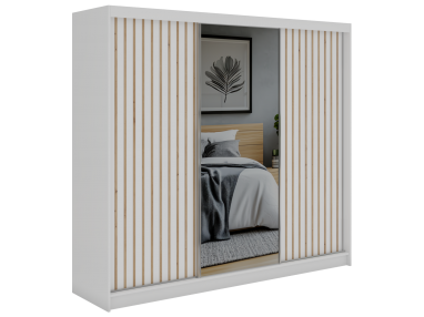 Szafa przesuwna LAOS 240 - biały, lamele dąb aristan, lustro + 4 szuflady