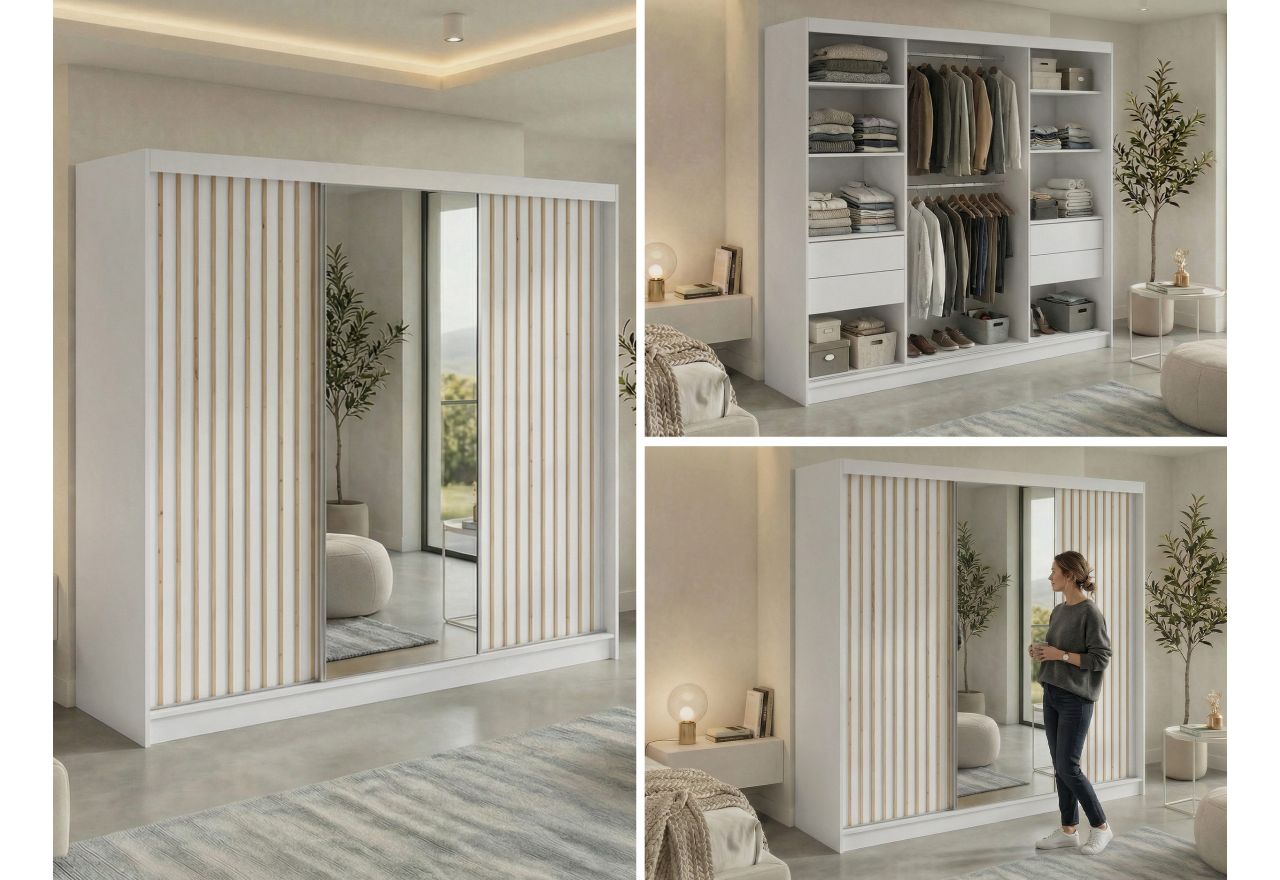 Szafa przesuwna LAOS 240 cm - biały, lamele dąb aristan, lustro + 4 szuflady