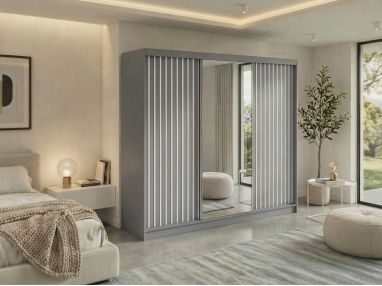 Szafa przesuwna LAOS 240 - szary, lamele białe, lustro + 4 szuflady