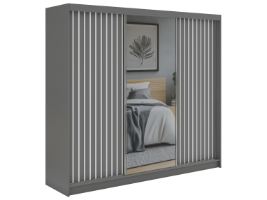 Szafa przesuwna LAOS 240 - szary, lamele białe, lustro + 4 szuflady