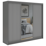 Szafa przesuwna LAOS 240 cm - szary, lamele białe, lustro + 4 szuflady