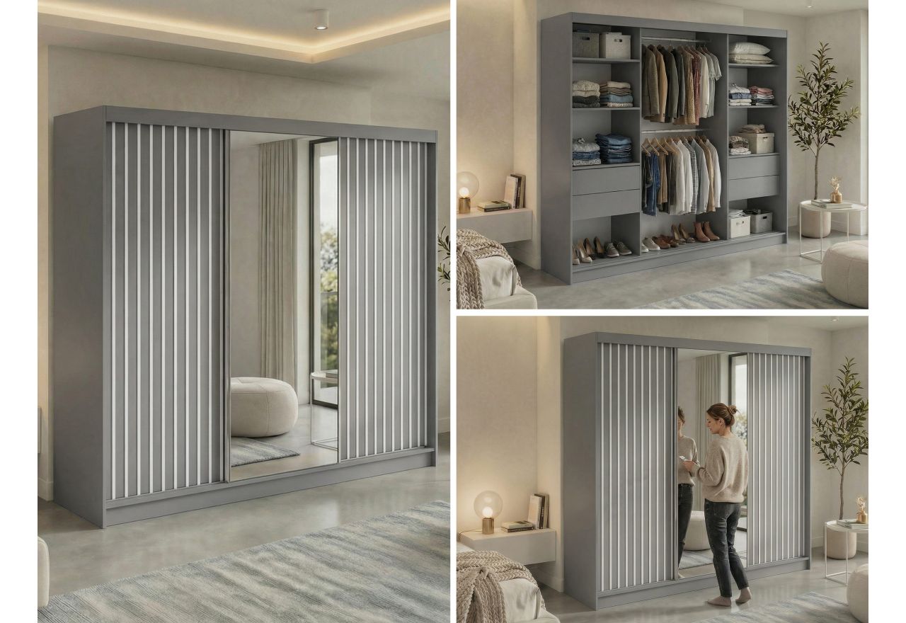 Szafa przesuwna LAOS 240 cm - szary, lamele białe, lustro + 4 szuflady