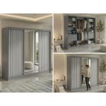 Szafa przesuwna LAOS 240 cm - szary, lamele białe, lustro + 4 szuflady