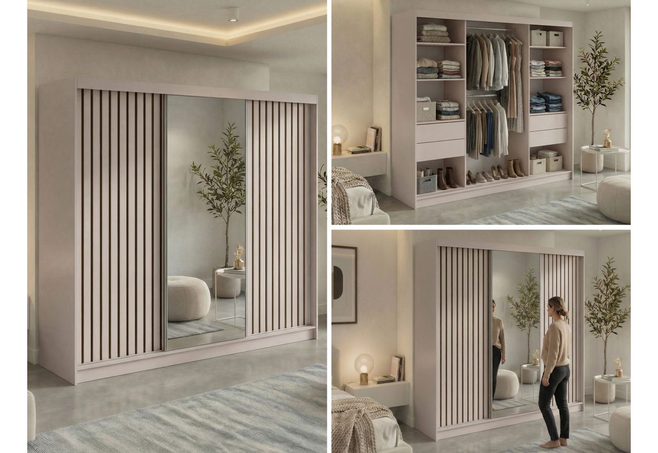 Szafa przesuwna LAOS 240 cm - kaszmir, lamele czarne, lustro + 4 szuflady