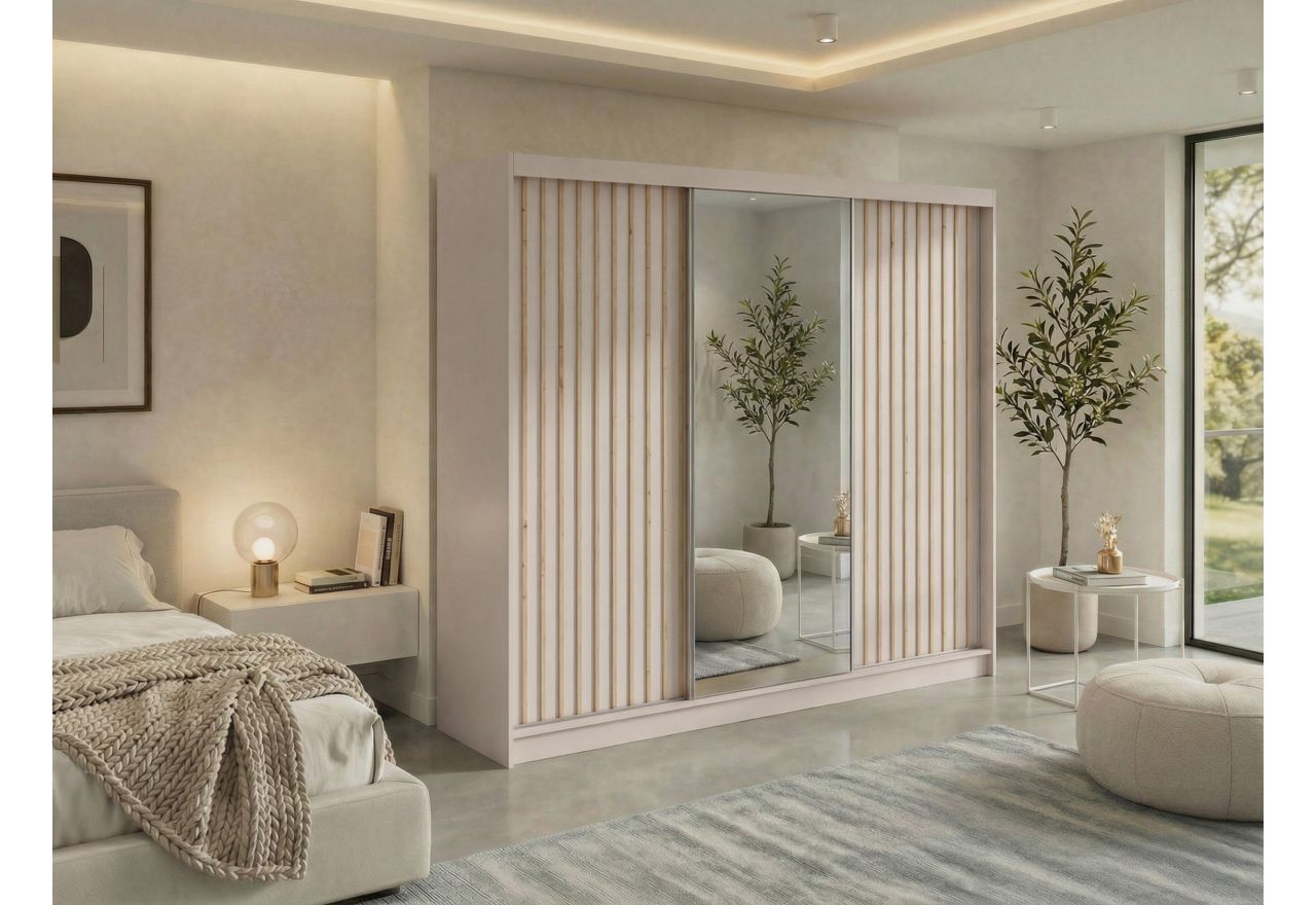 Szafa przesuwna LAOS 240 cm - kaszmir, lamele dąb aristan, lustro + 4 szuflady