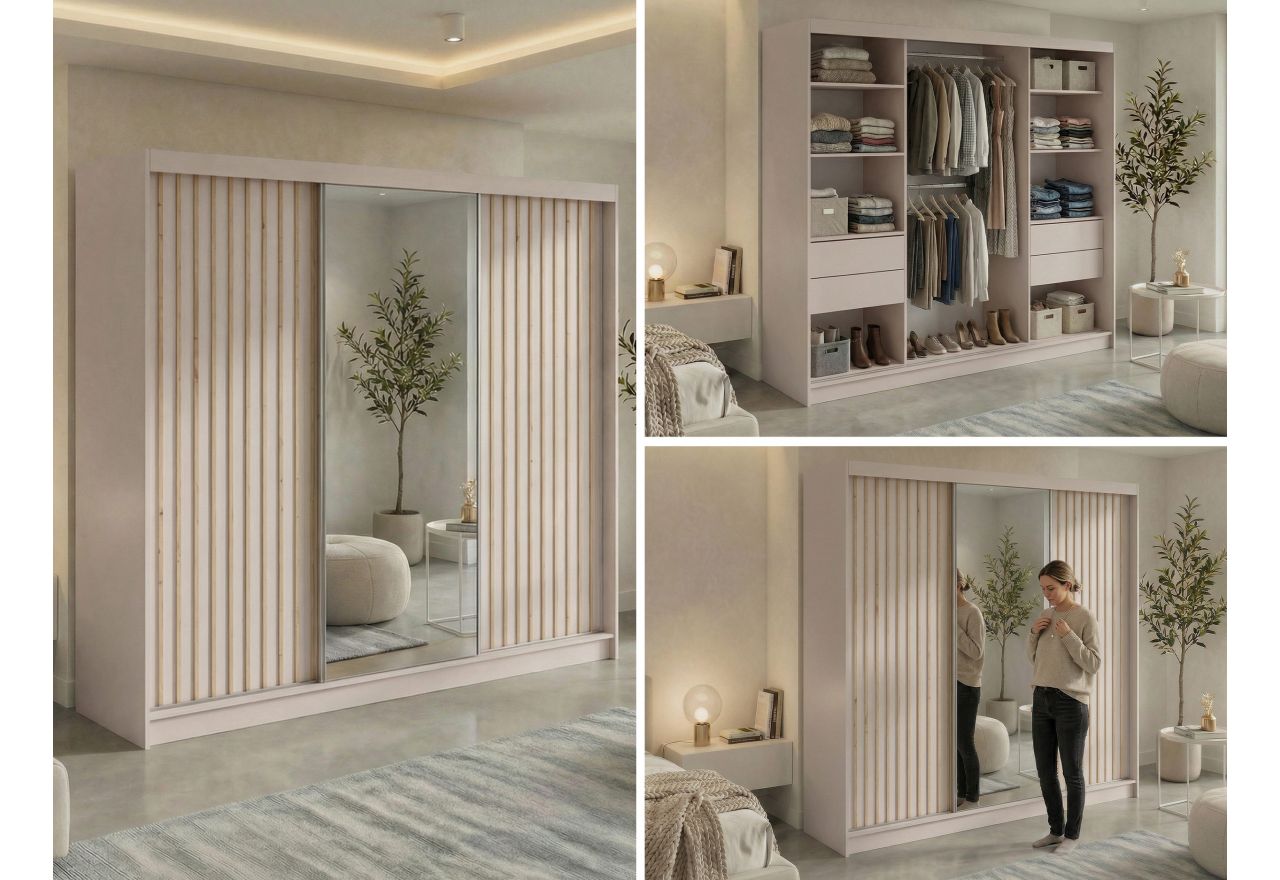 Szafa przesuwna LAOS 240 cm - kaszmir, lamele dąb aristan, lustro + 4 szuflady