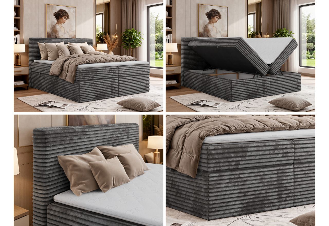 Łóżko kontynentalne TILION 140x200 - H3 - ciemnoszary, sztruks - Topper T25