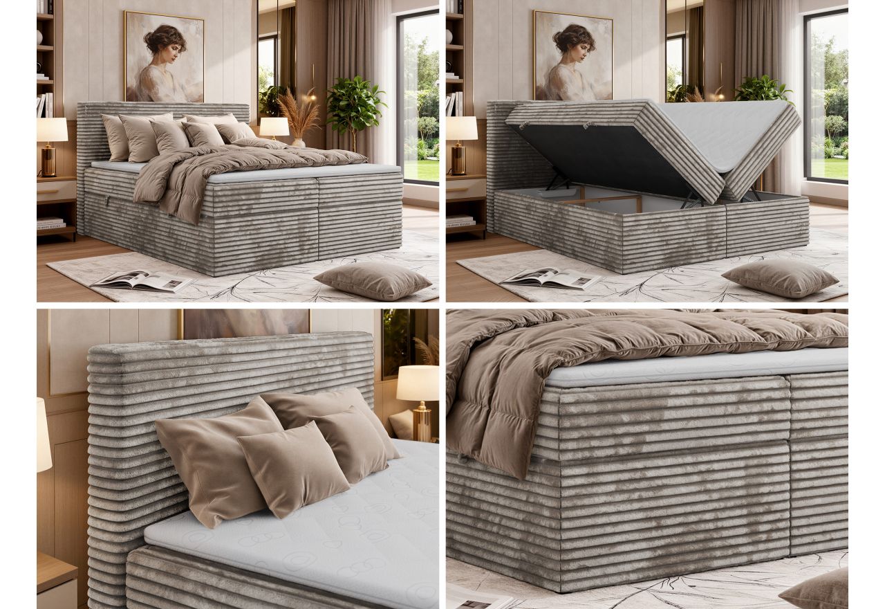 Łóżko kontynentalne TILION 200x200 - H4 - jasnobrązowy, sztruks - Topper Visco