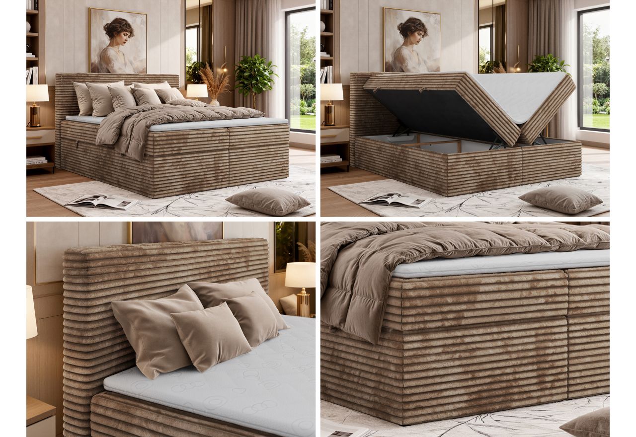 Łóżko kontynentalne TILION 200x200 - H3 - brązowy, sztruks - Topper Visco