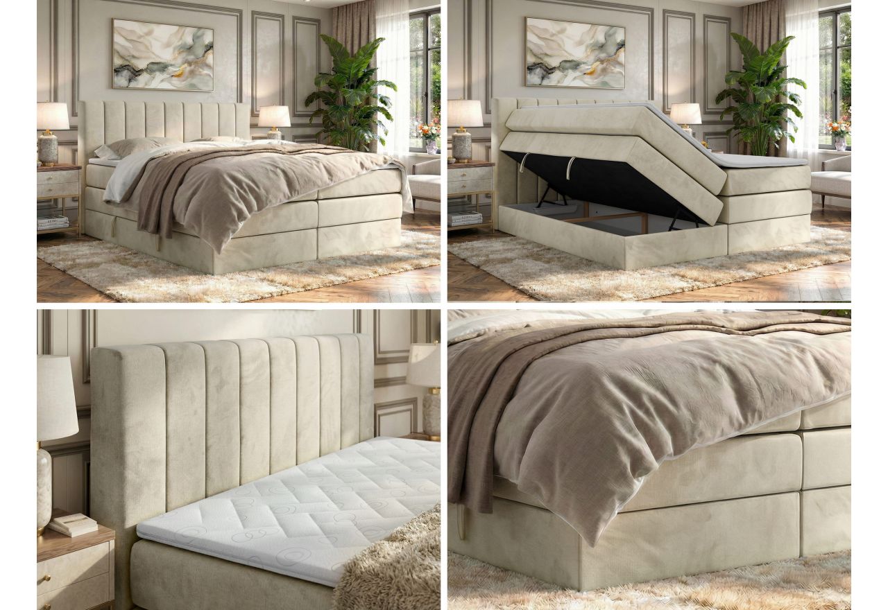 Łóżko kontynentalne - ALVER KING 140x200 - H4 - beżowy, welwet - Topper Visco