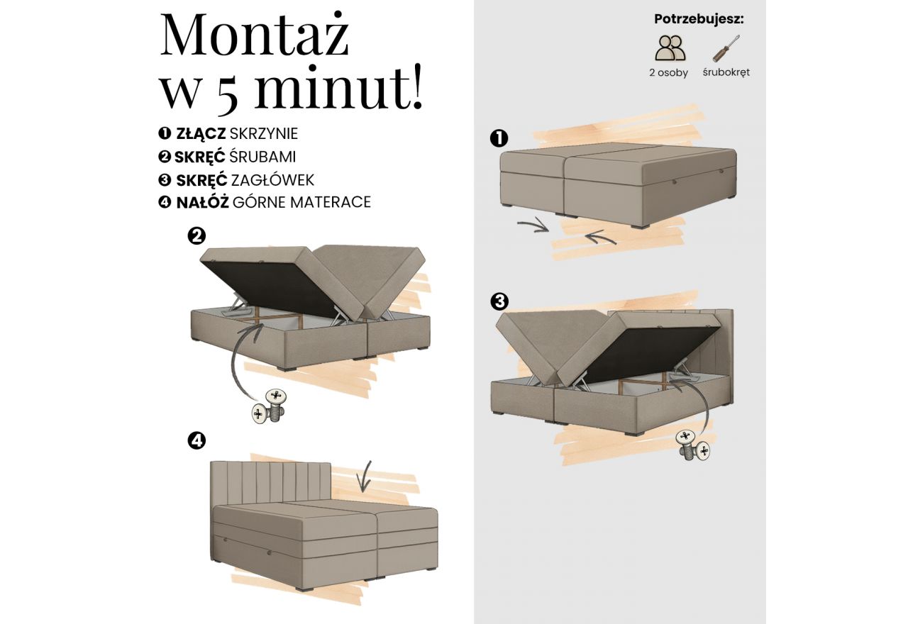 Łóżko kontynentalne - ALVER KING 180x200 - H3 - brązowy, welwet - Topper Visco