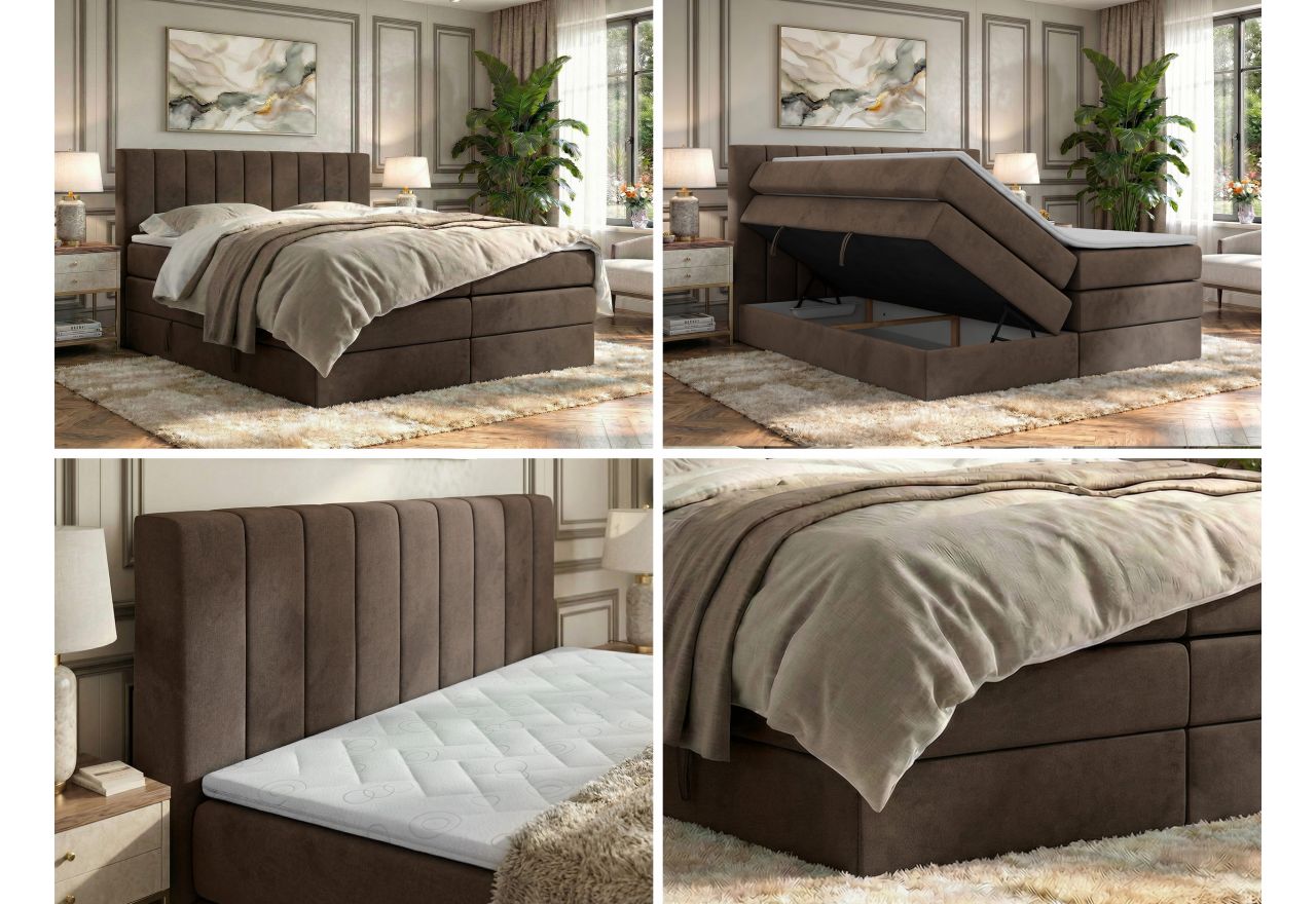 Łóżko kontynentalne - ALVER KING 160x200 - H4 - brązowy, welwet - Topper Visco