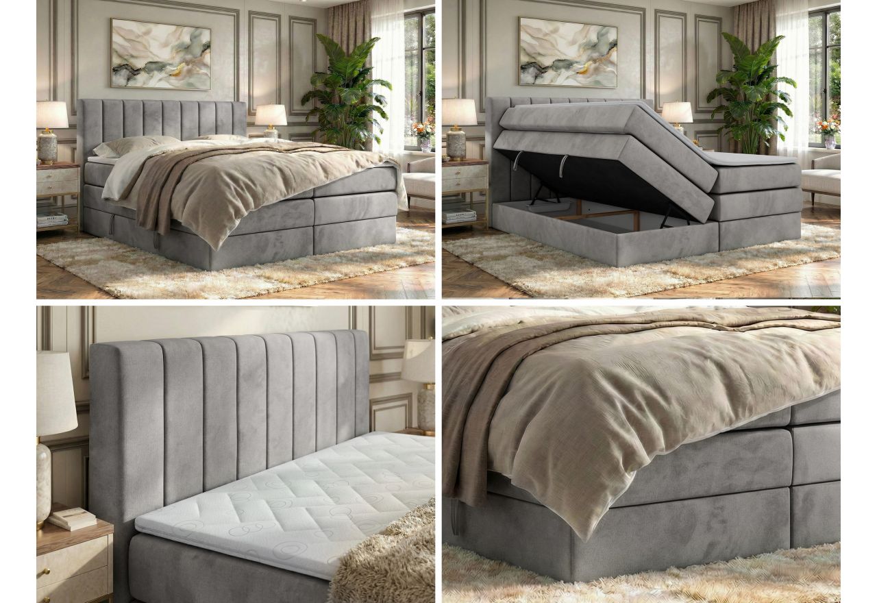 Łóżko kontynentalne - ALVER KING 180x200 - H3 - jasnoszary, welwet - Topper Visco