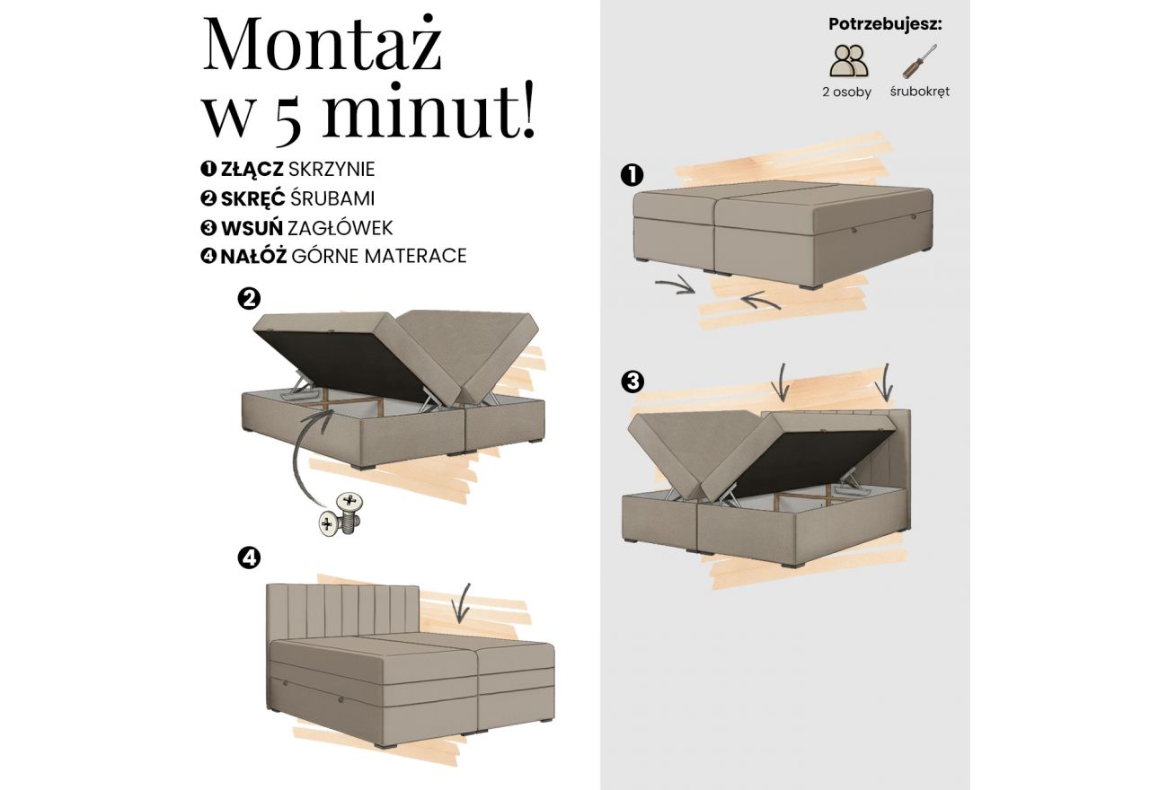 Łóżko kontynentalne - ALVER KING DUO 180x200 - H4 - beżowy, welwet - Topper Visco