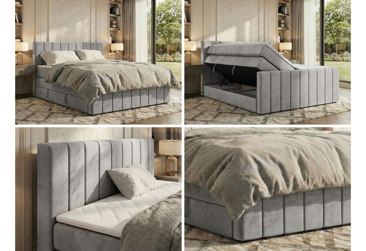 Łóżko kontynentalne - ALVER KING DUO 180x200 - H3 - jasnoszary, welwet - Topper Visco